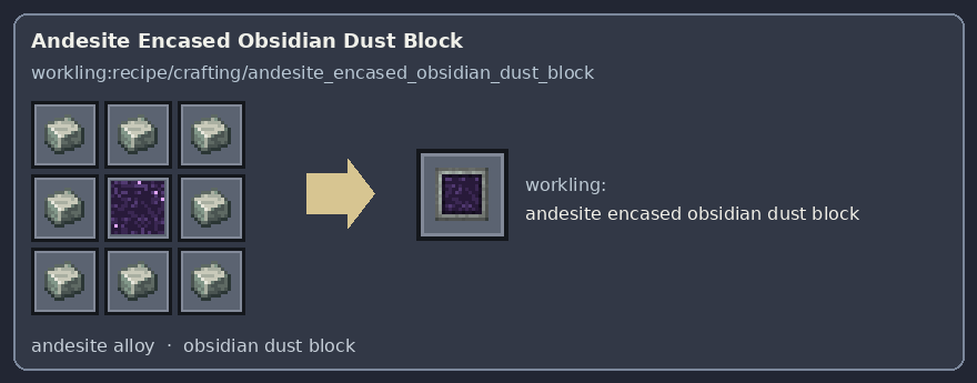 Bloco de pó de obsidiana revestido de andesito — crafting grid and output