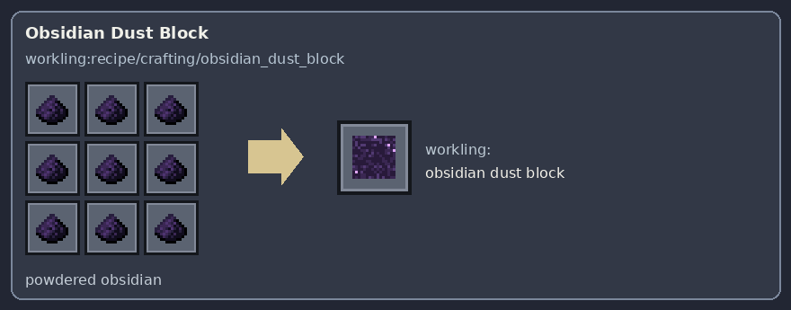 Bloco de pó de obsidiana — crafting grid and output